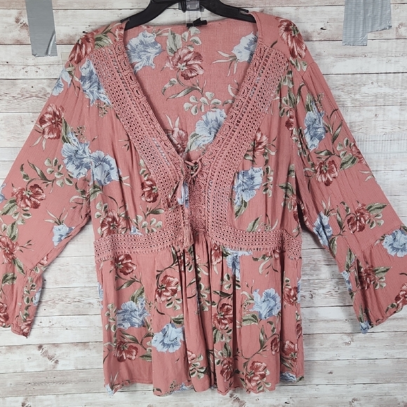 Torrid Pink BOHO Top, Embellished 3/4 Sleeve Blouse, With Tassel. - Picture 2 of 7